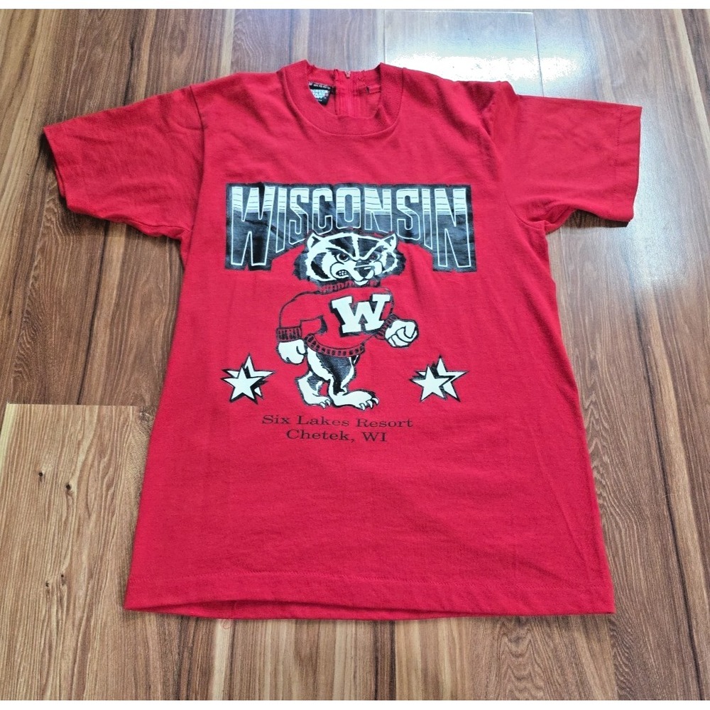 Vintage Wisconsin Badgers Screen Stars T Shirt Medium 50/50 Single Stitch Zip‎
